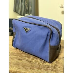 Prada Blue Canvas Brown Leather Logo-Lined Clutch Pouch Bag